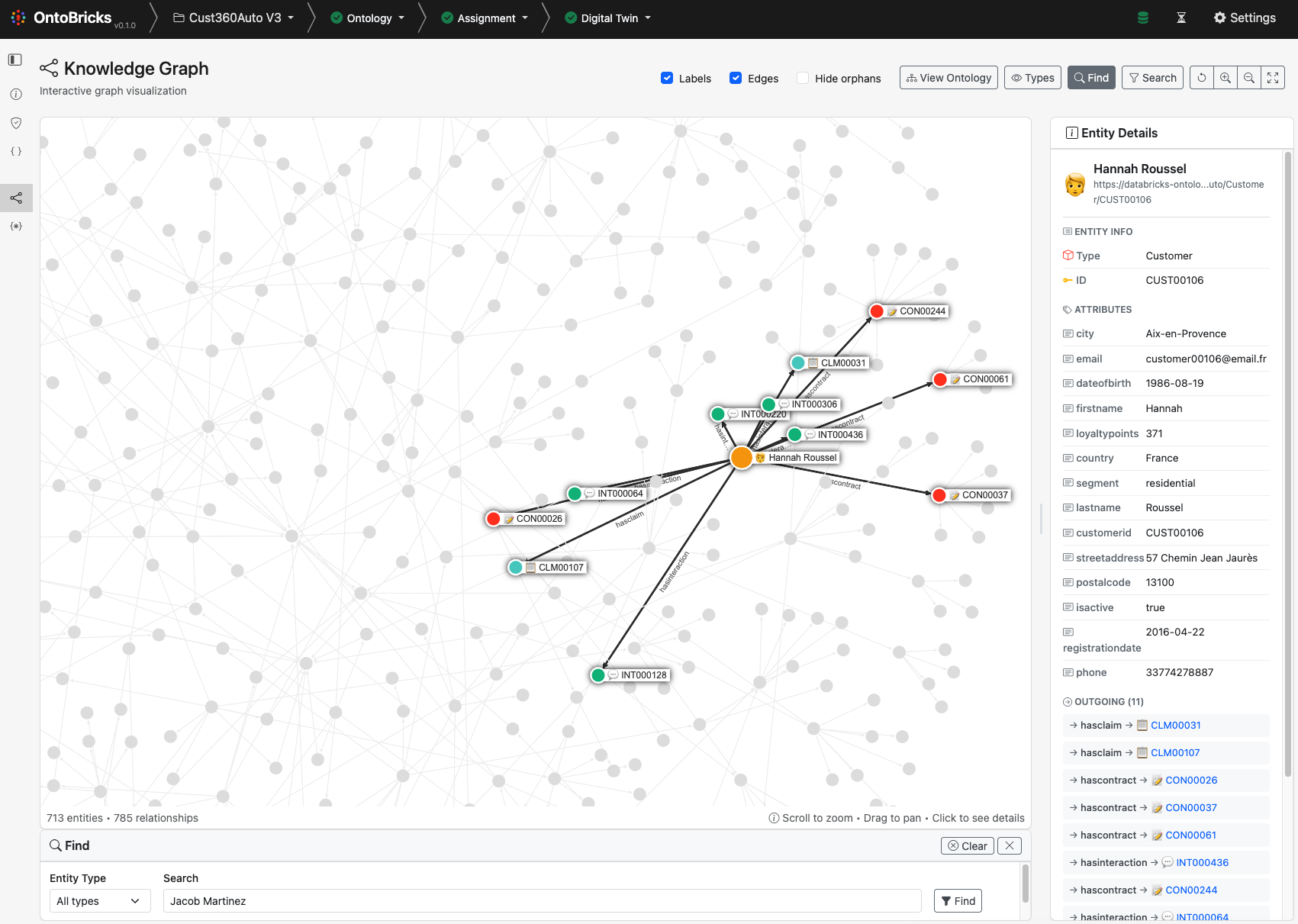 OntoBricks interactive knowledge graph exploration with nodes, edges and entity details
